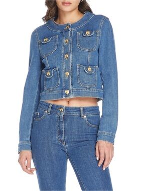 Moschino Blue Denim Cropped Jean Jacket with Gold Buttons